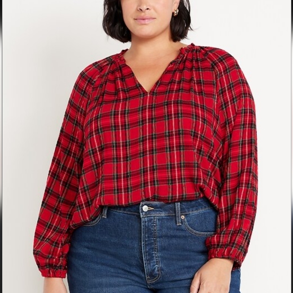 OLD NAVY Pullover Peasant Top Women 2X Red Buffalo Plaid Puff Sleeves V-neck New